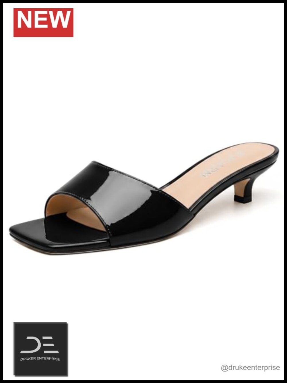 Women's Slip On Kitten Heel Mules Open Toe Patent Leather Sandals